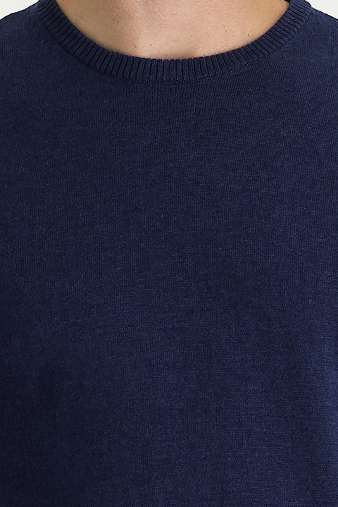 Medium Navy Melange Crew Neck Regular Fit Knitted Sweater
