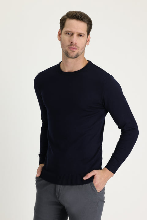 Dark Navy Crew Neck Regular Fit Knitted Sweater