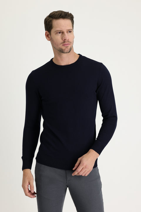 Dark Navy Crew Neck Regular Fit Knitted Sweater