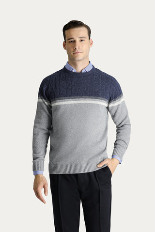  Orta Gri Bisiklet Yaka Slim Fit Dar Kesim Dikişsiz Desenli Triko Kazak