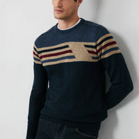 Koyu Lacivert Bisiklet Yaka Slim Fit Dar Kesim Dikişsiz Desenli Triko Kazak