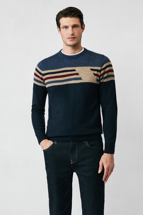 Koyu Lacivert Bisiklet Yaka Slim Fit Dar Kesim Dikişsiz Desenli Triko Kazak