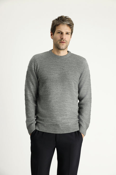 Medium Grey Crew Neck Slim Fit Narrow Cut Patterned Knit Sweater