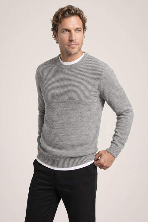 Medium Grey Crew Neck Slim Fit Narrow Cut Patterned Knit Sweater
