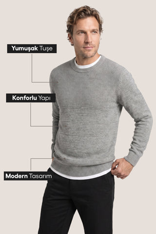  Orta Gri Bisiklet Yaka Slim Fit Dar Kesim Desenli Triko Kazak