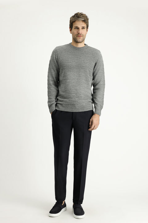 Medium Grey Crew Neck Slim Fit Narrow Cut Patterned Knit Sweater