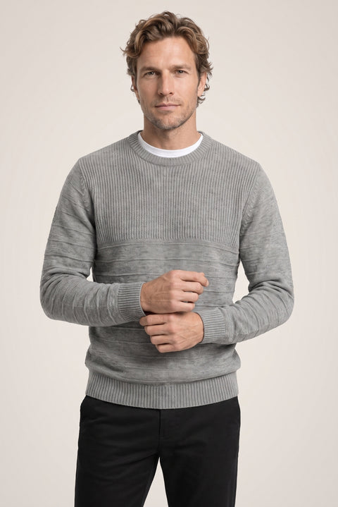 Medium Grey Crew Neck Slim Fit Narrow Cut Patterned Knit Sweater