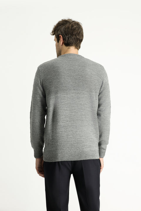 Medium Grey Crew Neck Slim Fit Narrow Cut Patterned Knit Sweater