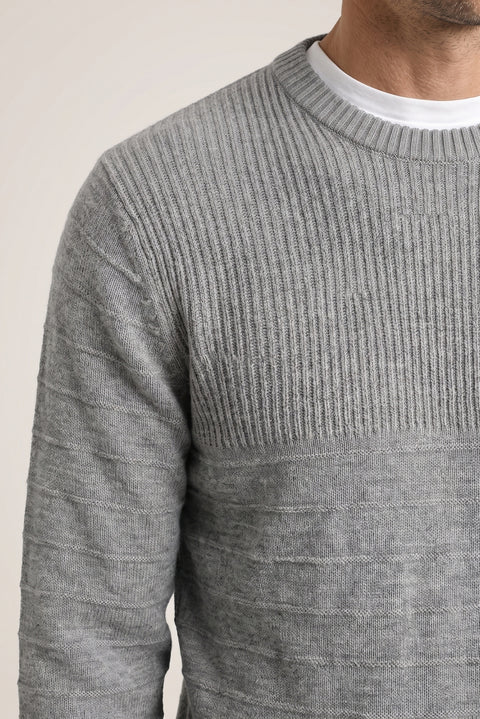 Medium Grey Crew Neck Slim Fit Narrow Cut Patterned Knit Sweater