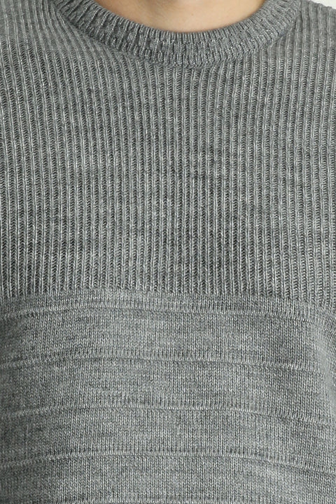 Medium Grey Crew Neck Slim Fit Narrow Cut Patterned Knit Sweater
