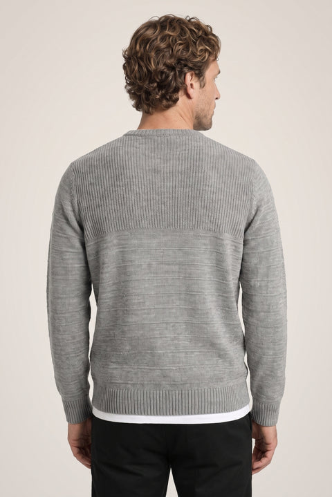 Medium Grey Crew Neck Slim Fit Narrow Cut Patterned Knit Sweater