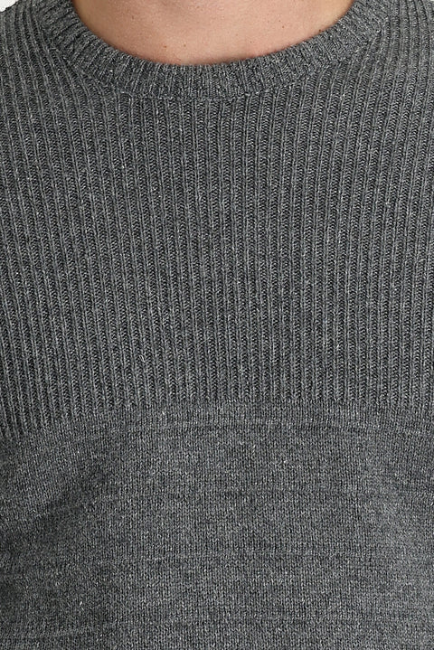 Medium Gray Crew Neck Slim Fit Narrow Cut Patterned Knit Sweater