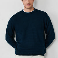 Orta Lacivert Bisiklet Yaka Slim Fit Dar Kesim Desenli Triko Kazak
