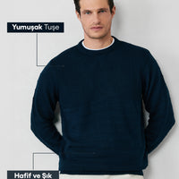 Medium Navy Crew Neck Slim Fit Narrow Cut Patterned Knit Sweater