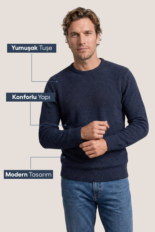  İndigo Bisiklet Yaka Slim Fit Dar Kesim Desenli Triko Kazak
