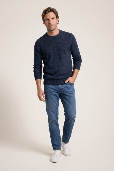 Indigo Crew Neck Slim Fit Narrow Cut Patterned Knit Sweater