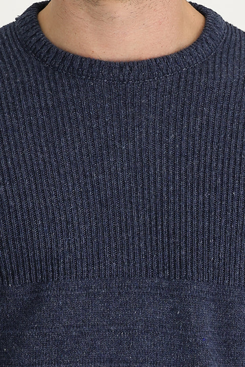 Indigo Crew Neck Slim Fit Narrow Cut Patterned Knit Sweater