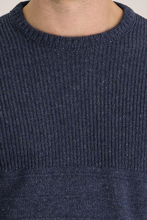 Indigo Crew Neck Slim Fit Narrow Cut Patterned Knit Sweater