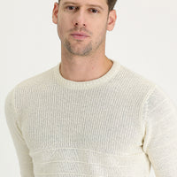 Off-white crew neck slim fit patterned knit sweater.