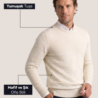 Off-white crew neck slim fit patterned knit sweater.
