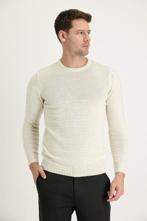 Off-white crew neck slim fit patterned knit sweater.