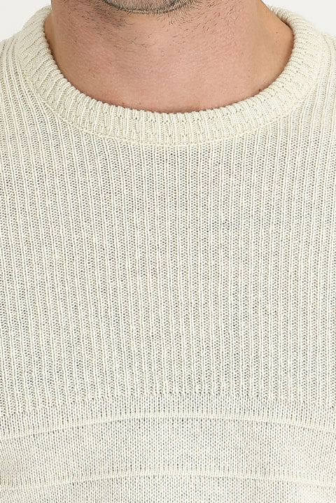 Off-white crew neck slim fit patterned knit sweater.