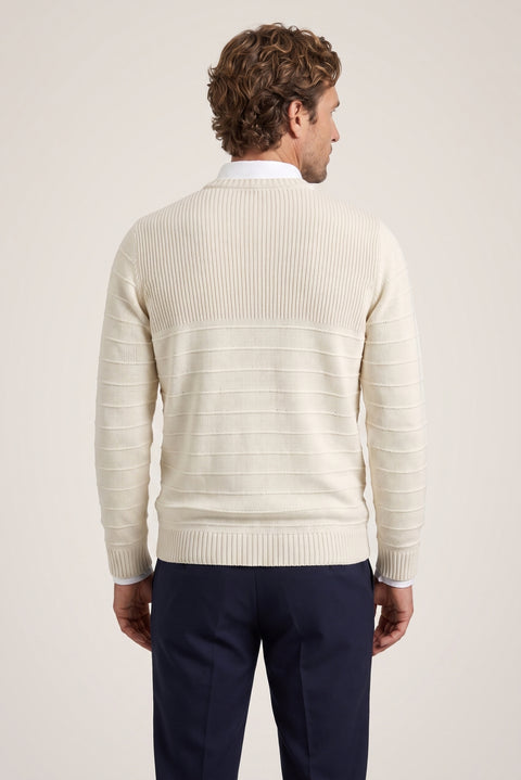Off-white crew neck slim fit patterned knit sweater.