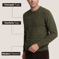 Orta Haki Bisiklet Yaka Slim Fit Dar Kesim Desenli Triko Kazak