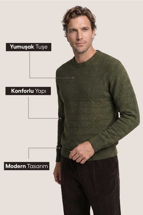 Orta Haki Bisiklet Yaka Slim Fit Dar Kesim Desenli Triko Kazak