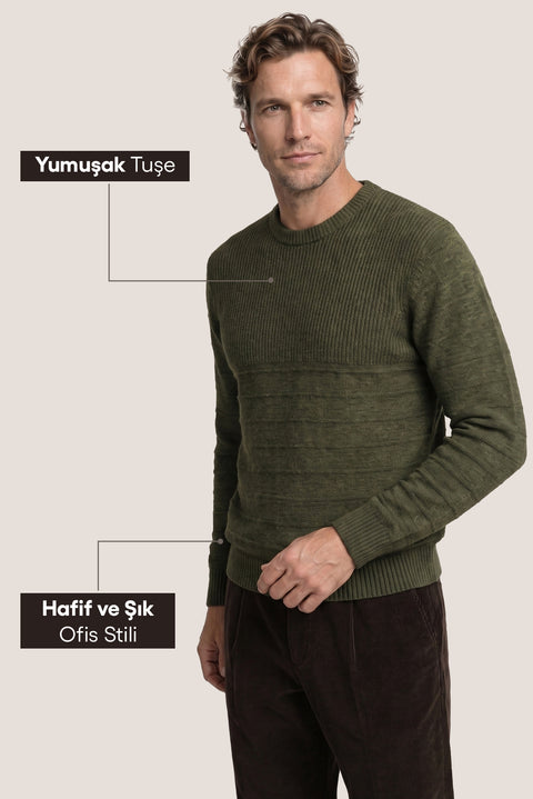 Medium Khaki Crew Neck Slim Fit Narrow Cut Patterned Knit Sweater