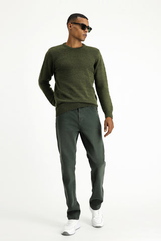  Orta Haki Bisiklet Yaka Slim Fit Dar Kesim Desenli Triko Kazak