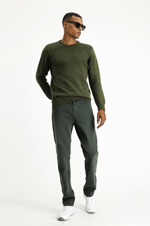 Medium Khaki Crew Neck Slim Fit Narrow Cut Patterned Knit Sweater