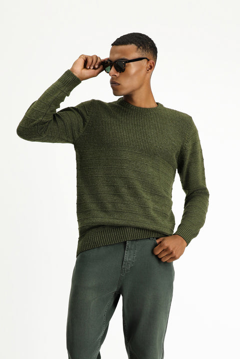 Medium Khaki Crew Neck Slim Fit Narrow Cut Patterned Knit Sweater