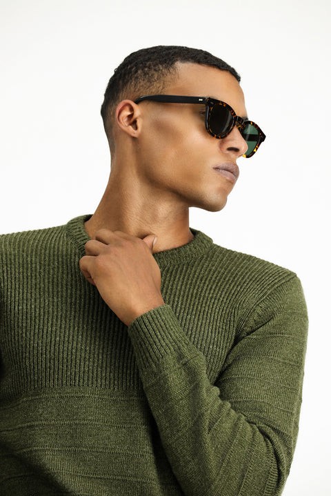 Medium Khaki Crew Neck Slim Fit Narrow Cut Patterned Knit Sweater