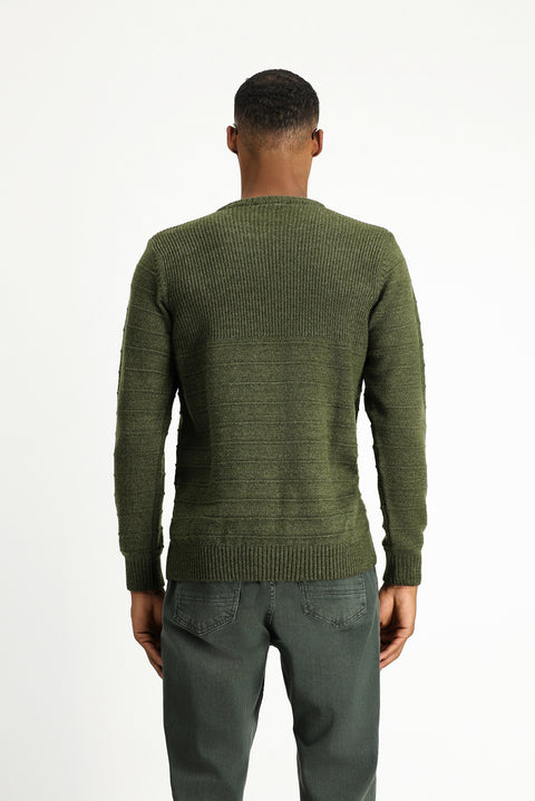 Medium Khaki Crew Neck Slim Fit Narrow Cut Patterned Knit Sweater