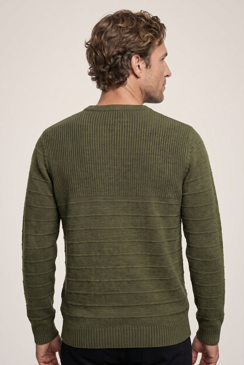 Orta Haki Bisiklet Yaka Slim Fit Dar Kesim Desenli Triko Kazak