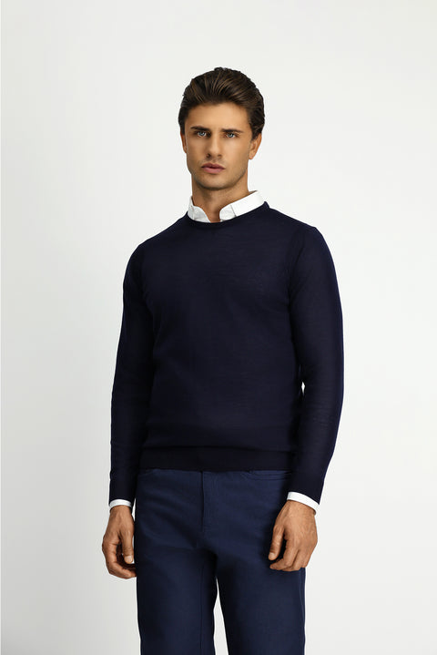 Dark Navy Crew Neck Regular Fit Wool Knit Sweater