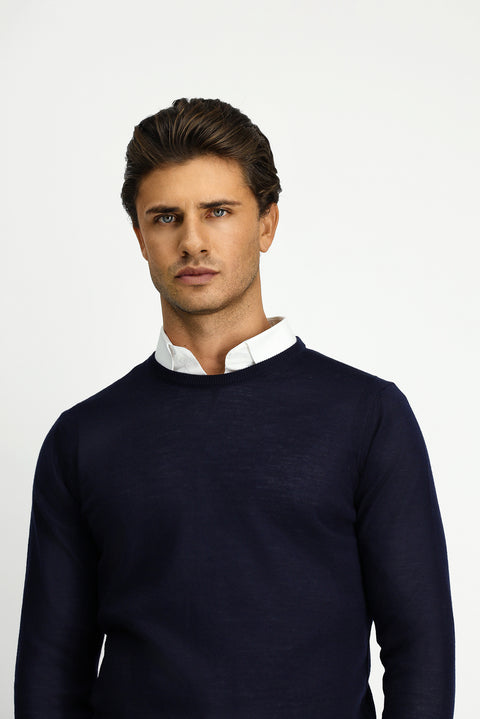 Dark Navy Crew Neck Regular Fit Wool Knit Sweater