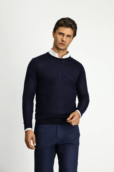 Dark Navy Crew Neck Regular Fit Wool Knit Sweater