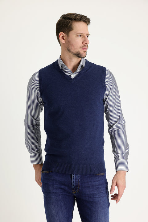 Medium Navy Melange V-Neck Cotton Knit Sweater