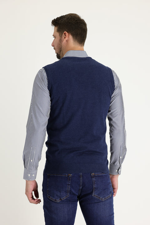 Medium Navy Melange V-Neck Cotton Knit Sweater