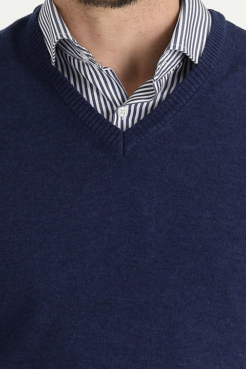 Medium Navy Melange V-Neck Cotton Knit Sweater