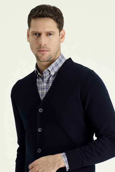 Dark Navy Regular Fit Cotton Knit Cardigan