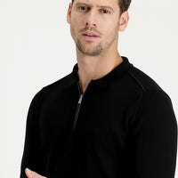 Black Polo Collar Slim Fit Narrow Cut Zip-Up Patterned Cotton Knit Sweater
