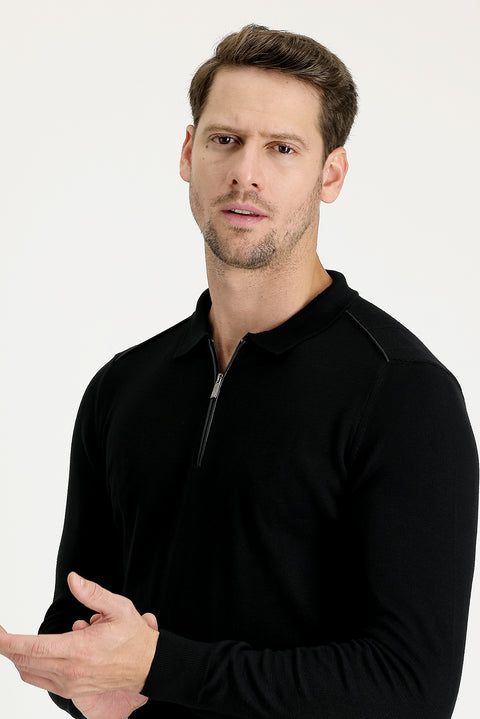 Black Polo Collar Slim Fit Narrow Cut Zip-Up Patterned Cotton Knit Sweater