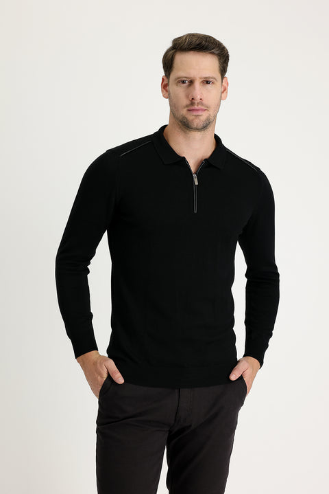 Black Polo Collar Slim Fit Narrow Cut Zip-Up Patterned Cotton Knit Sweater