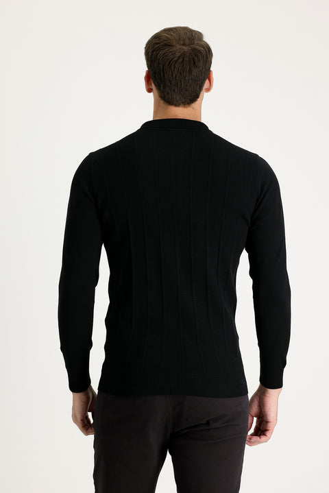 Black Polo Collar Slim Fit Narrow Cut Zip-Up Patterned Cotton Knit Sweater