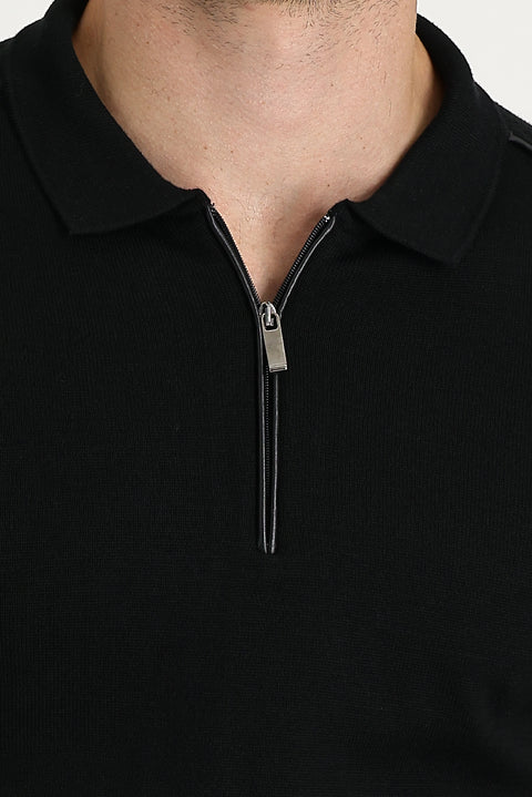 Black Polo Collar Slim Fit Narrow Cut Zip-Up Patterned Cotton Knit Sweater