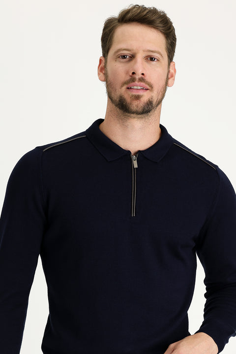 Dark Navy Polo Collar Slim Fit Narrow Cut Knit Sweater