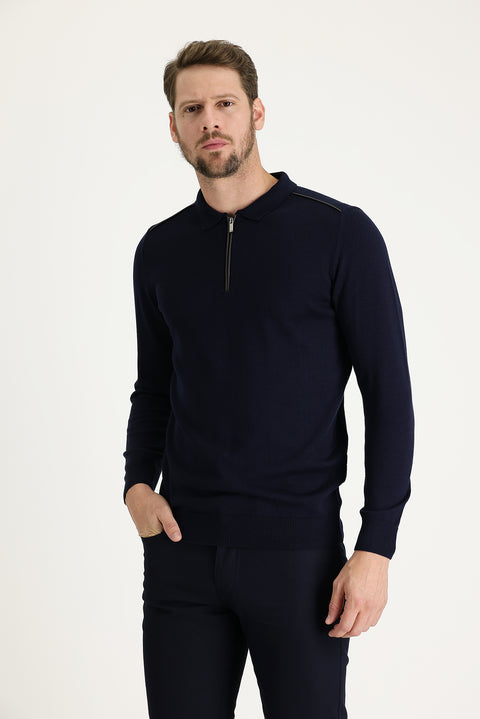 Dark Navy Polo Collar Slim Fit Narrow Cut Knit Sweater